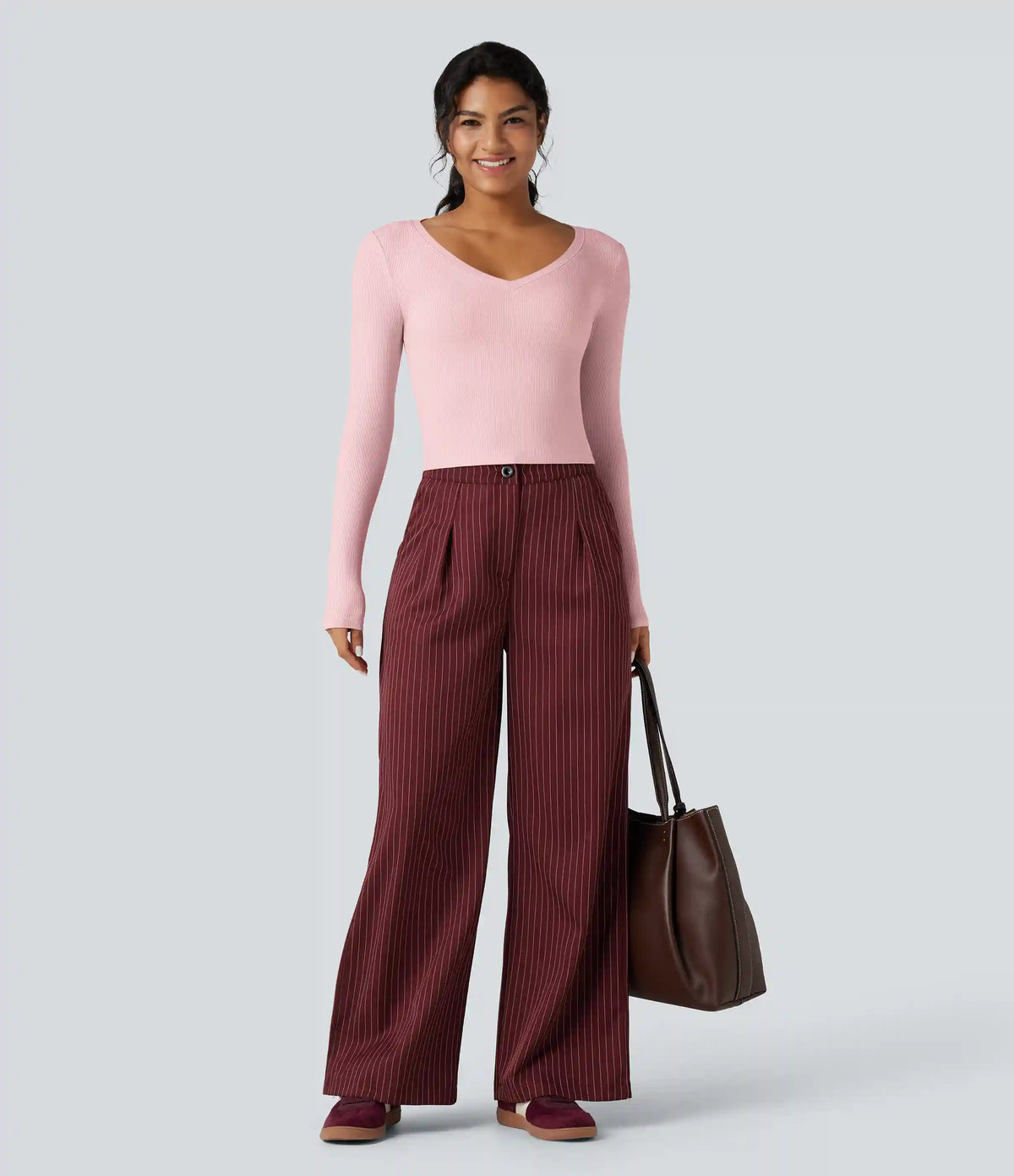 Ribbed Knit V Neck Long Sleeve Cropped Work T-Shirt