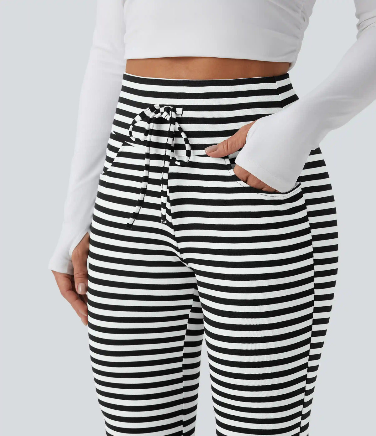 High Waisted Drawstring Tummy Control Stripe Waffle Flare Casual Pants with Pockets