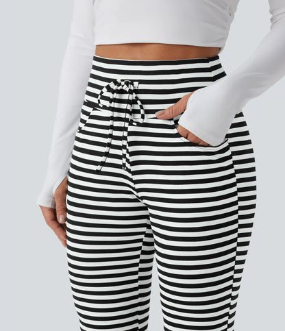 High Waisted Drawstring Tummy Control Stripe Waffle Flare Casual Pants with Pockets