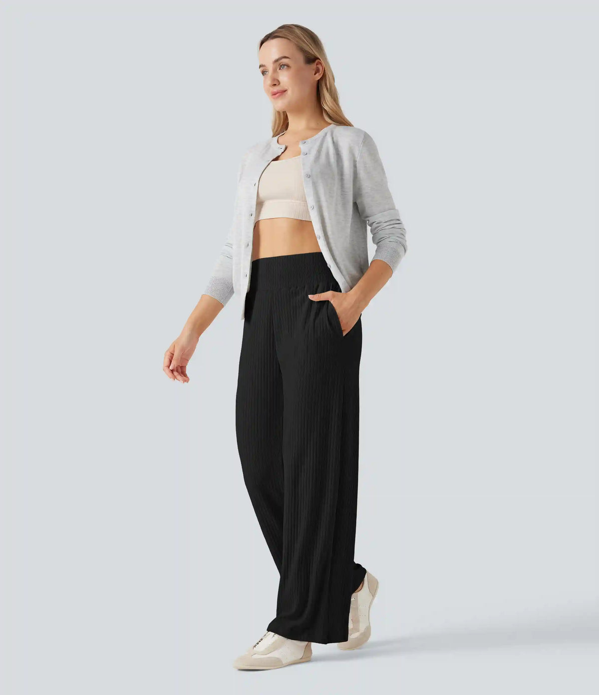 Ribbed Knit High Waisted Casual Pants with Pockets