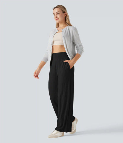 Ribbed Knit High Waisted Casual Pants with Pockets