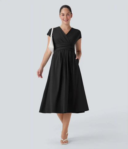 Breezeful™ V Neck Short Sleeve Pocket Tie Back Quick Dry Midi Casual Dress