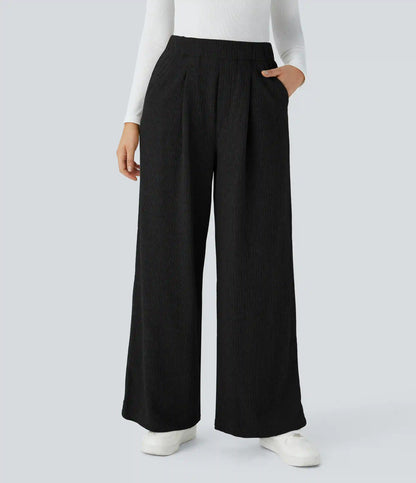 Ribbed High Waisted Pocket Wide Leg Casual Pants