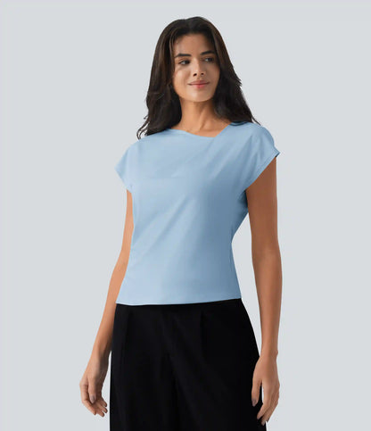 Asymmetric Cowl Neck Short Sleeve Ruched Split Hem Work Blouse