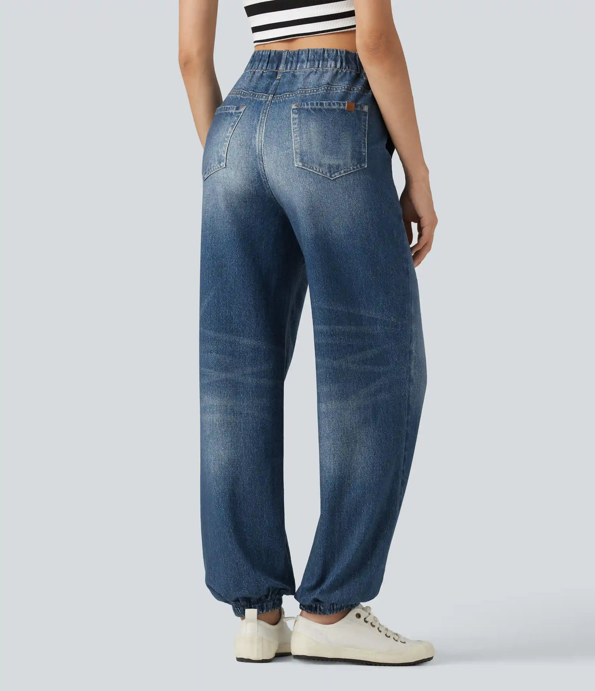 High Waisted Denim Print French Terry Casual Joggers with Pockets