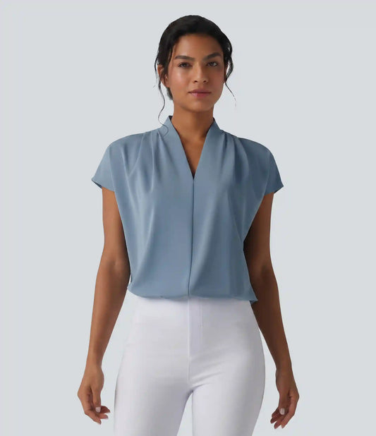 Wrinkle Recovery V-neck Batwing Sleeve Loose Fit Work Blouse