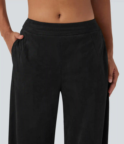 Mid Rise Suede Casual Baggy Pants with Pockets