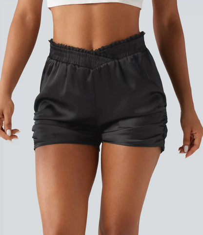 Mid Rise Crossover Lace Ruched Satin Casual Shorts 3'' with Pockets