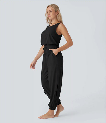 Sleeveless Cut Out Drawstring Pocket InstantCool Yoga Jumpsuit-UPF50+