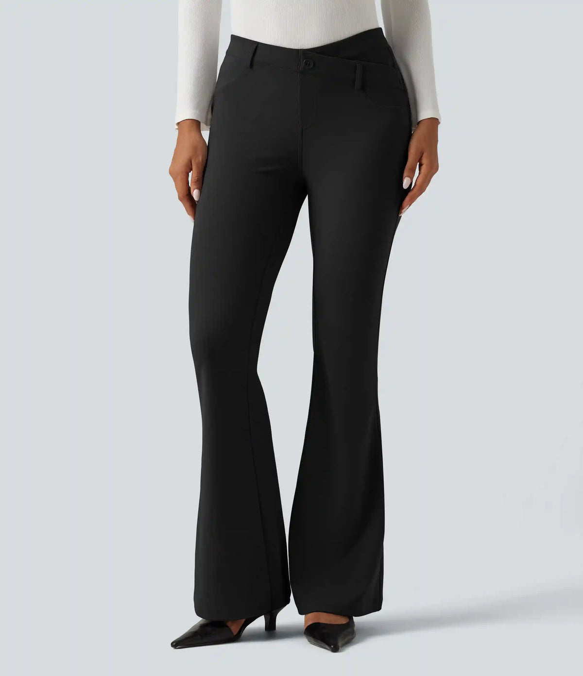 Halara Flex™ V-Shaped High Waisted Asymmetric Wrinkle Recovery Flare Work Pants with Pockets
