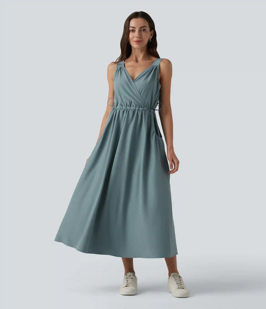 V Neck Sleeveless Midi Casual Dress with Pockets