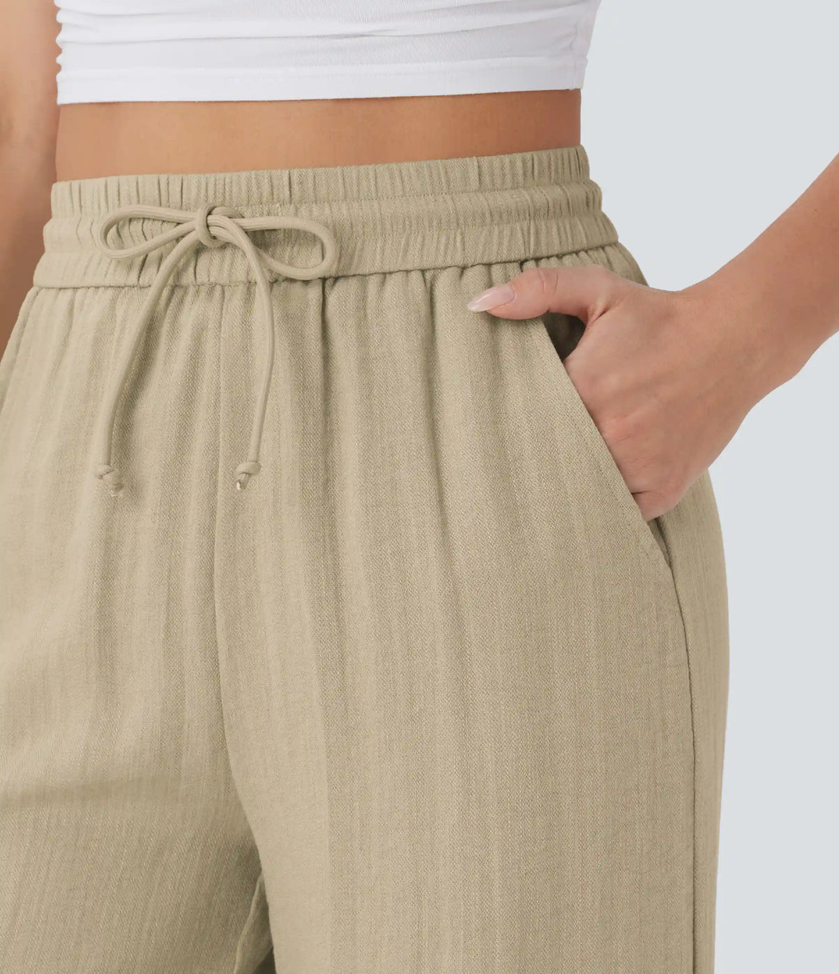 High Waisted Drawstring Pocket Wide Leg Baggy Casual Linen-Feel Pants