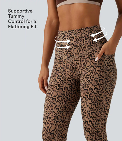 Halara UltraSculpt™ Leopard Print High Waisted Tummy Control Fleece Workout Leggings with Pockets