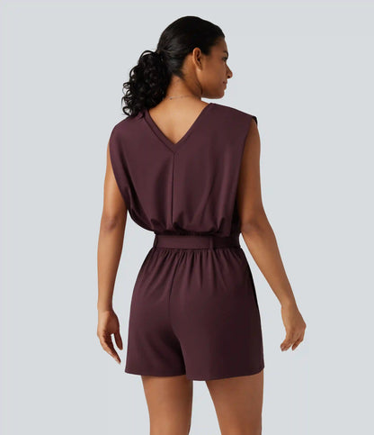SoftlyZero™ Airy V Neck Sleeveless Belted InstantCool Casual Romper with Pockets-Easy Peezy Edition