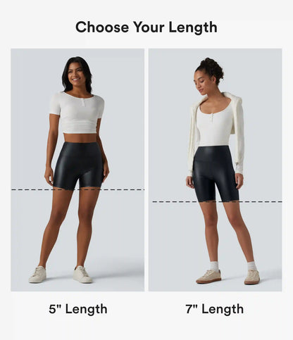 High Waisted Tummy Control Stretchy PU Casual Biker Shorts 5'' with Pockets