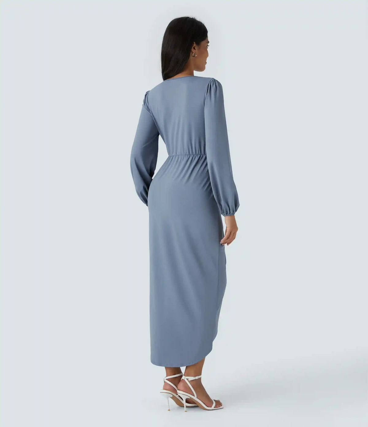 V Neck Long Sleeve Tulip Hem Midi Dress
