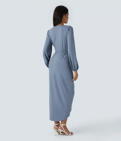 V Neck Long Sleeve Tulip Hem Midi Dress