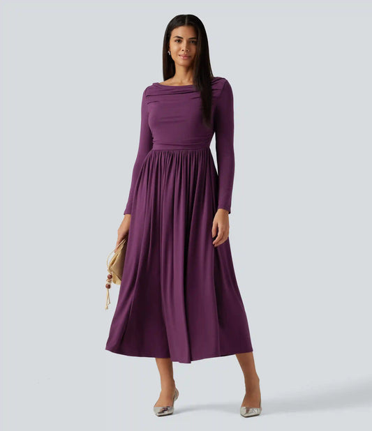 Off Shoulder Long Sleeve Midi Party Dress with Pockets