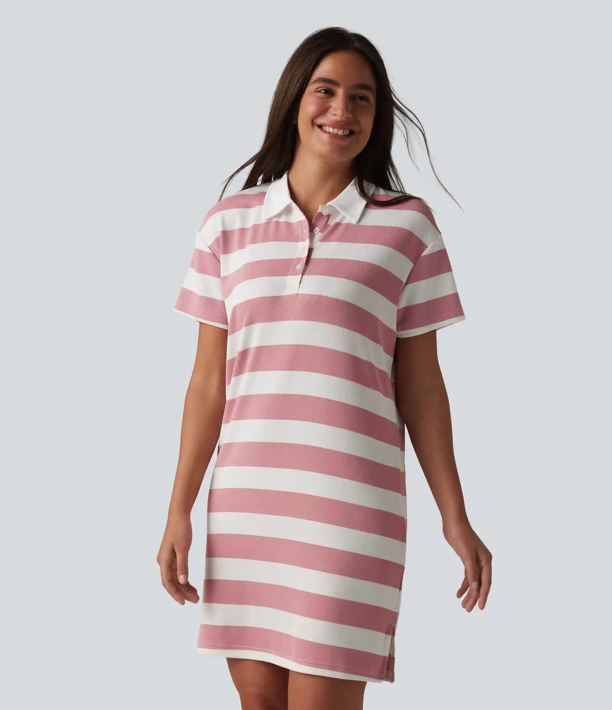 Polo Collar Short Sleeve Stripe Mini Casual Dress