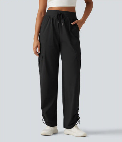High Waisted Drawstring Ruched Straight Leg Quick Dry InstantCool Running Pants with Pockets-UPF40+