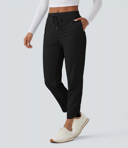 Mid Rise Drawstring Curved Hem Quick Dry Golf Tapered Pants with Pockets-UPF40+