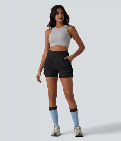 High Waisted Ruched Quick Dry Yoga Shorts with Pockets-UPF40+