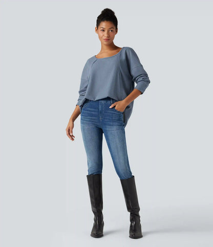 Scoop Neck Long Sleeve Curved Hem Relaxed Waffle Casual Top