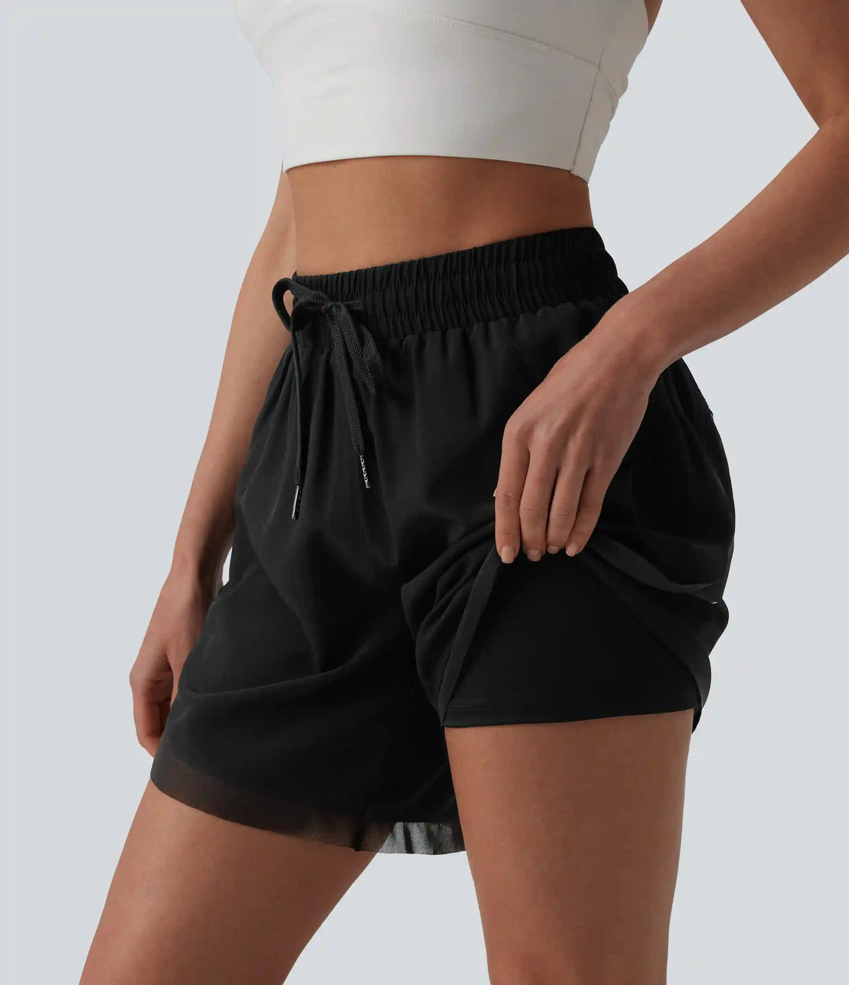 Mid Rise Drawstring Contrast Mesh 2-in-1 Flowy Yoga Shorts 7''