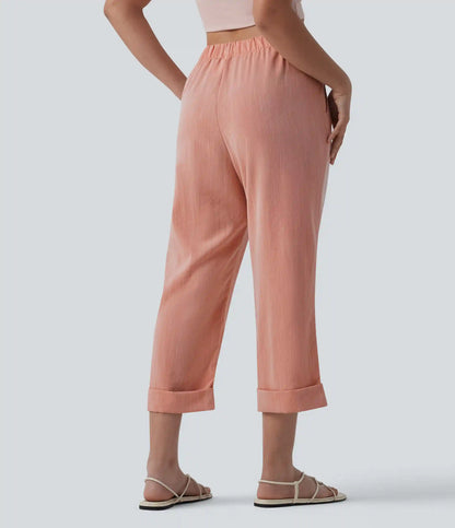 High Waisted Straight Leg Cropped Casual Linen-Feel Pants with Pockets
