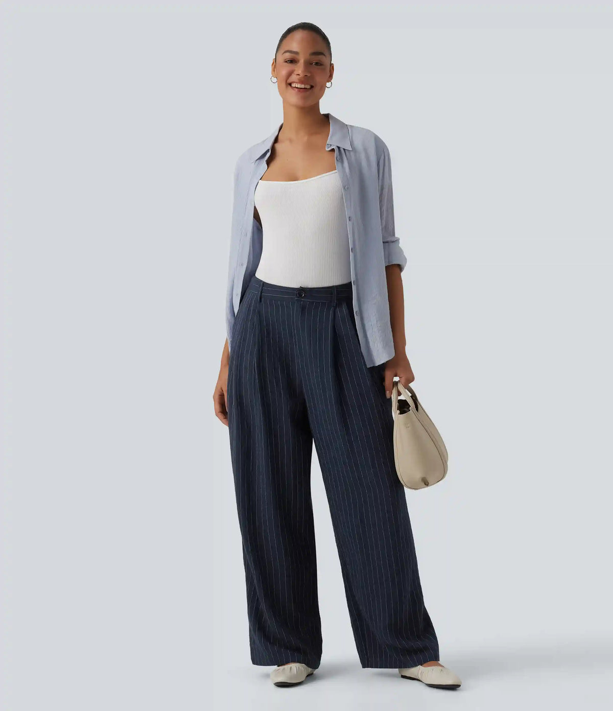 High Waisted Stripes Work Baggy Pants with Pockets