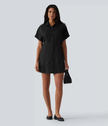 Short Sleeve Mini Work Shirt Dress with Pocket