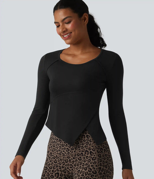 Halara HeatCore Round Neck Long Sleeve Asymmetric Hem Workout Warming Top