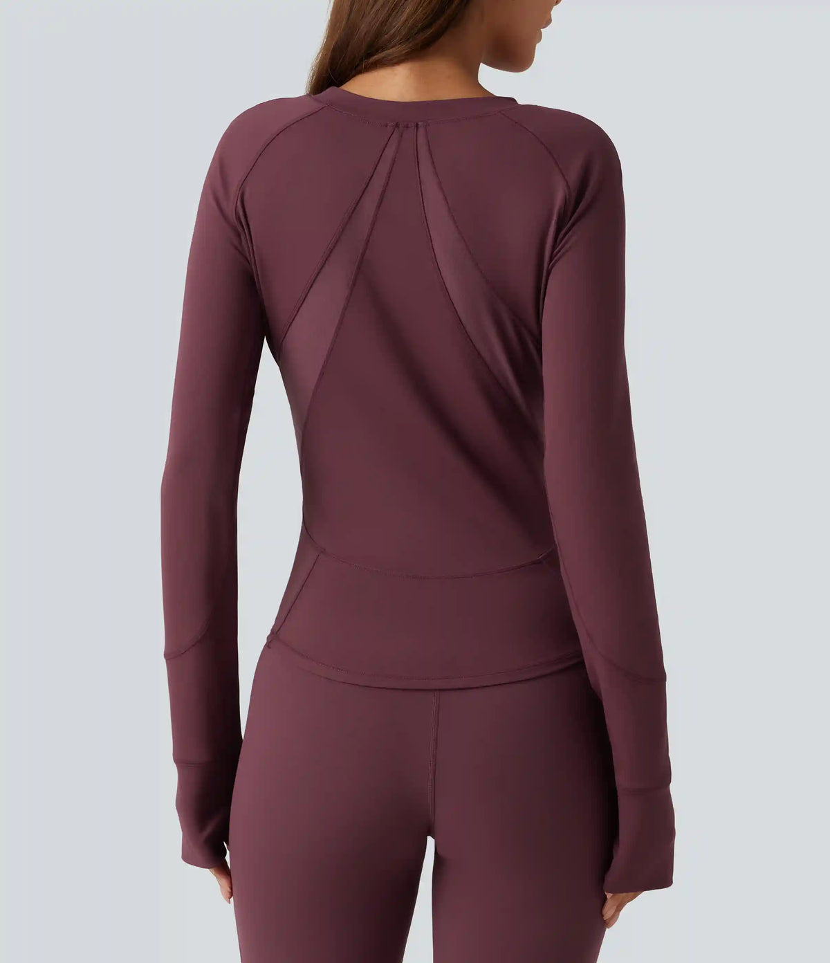 Round Neck Long Sleeve Contrast Mesh Thumb Hole Curved Hem Quick Dry Yoga Sweatshirt