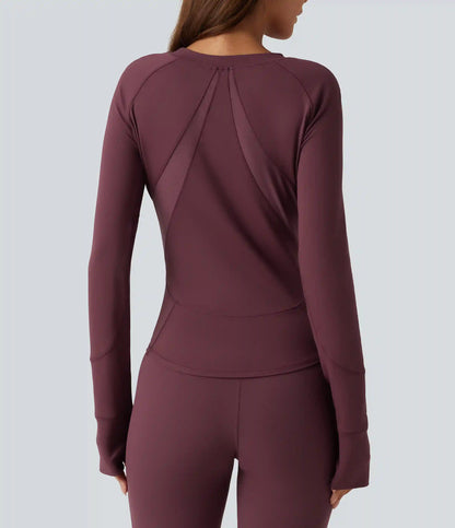Round Neck Long Sleeve Contrast Mesh Thumb Hole Curved Hem Quick Dry Yoga Sweatshirt