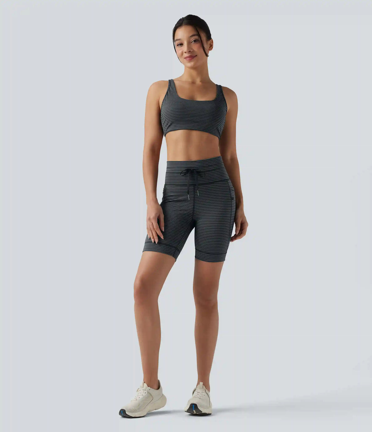 High Waisted Drawstring Striped Yoga Biker Shorts 7'' with Pockets