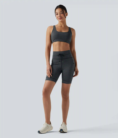 High Waisted Drawstring Striped Yoga Biker Shorts 7'' with Pockets