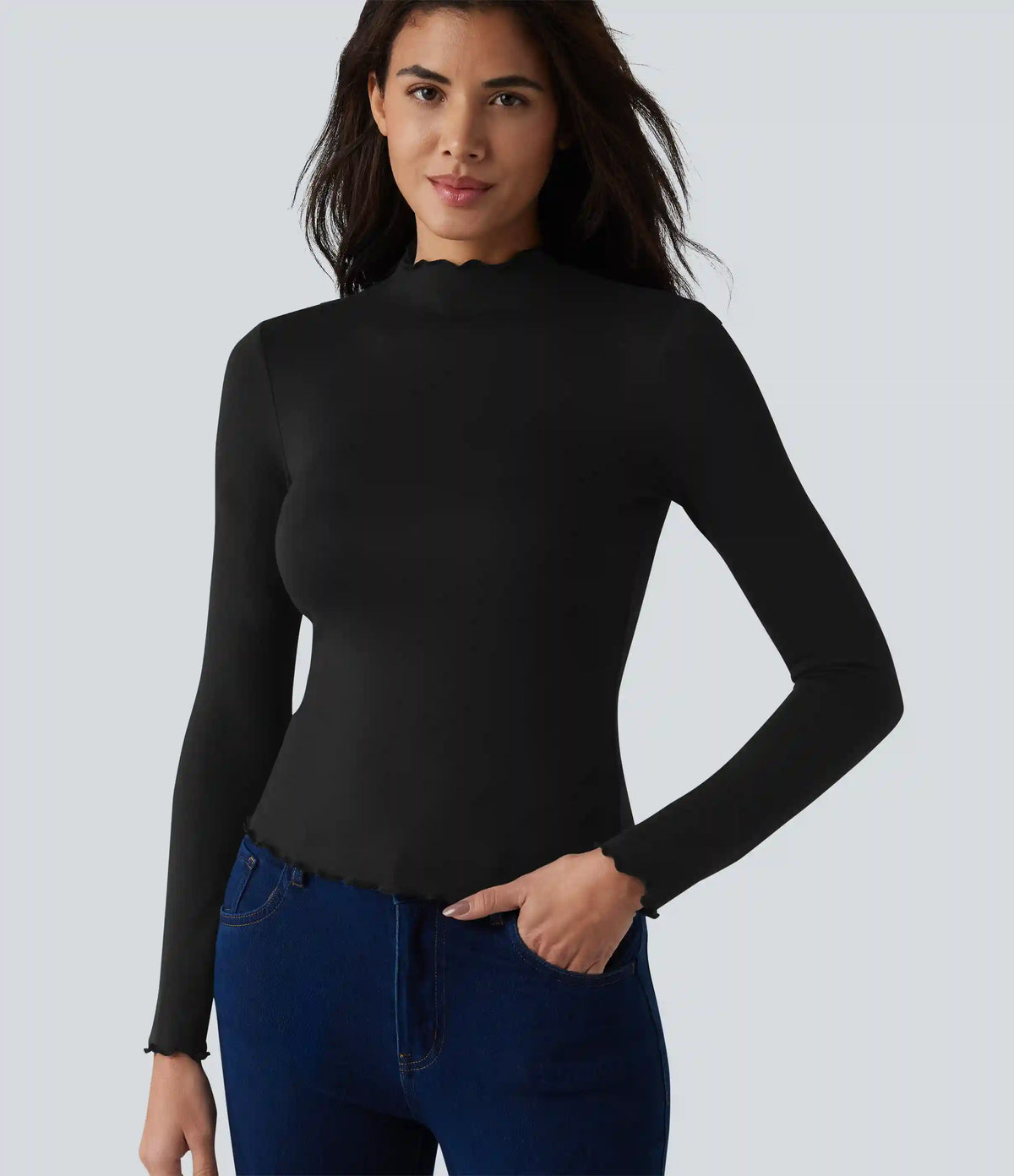Halara HeatCore Mock-neck Long Sleeve Lettuce Trim Casual Warming Top