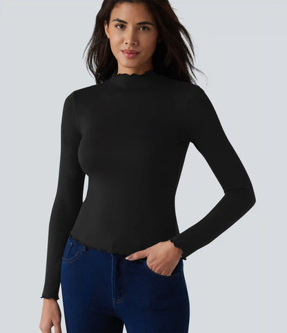 Halara HeatCore Mock-neck Long Sleeve Lettuce Trim Casual Warming Top