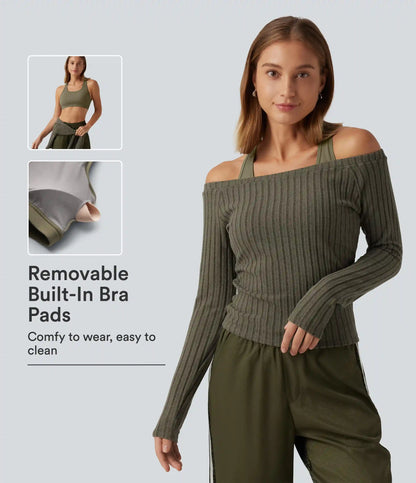 2-Piece Set Off-Shoulder Ribbed Long Sleeve Lounge Top with Built-in Bra