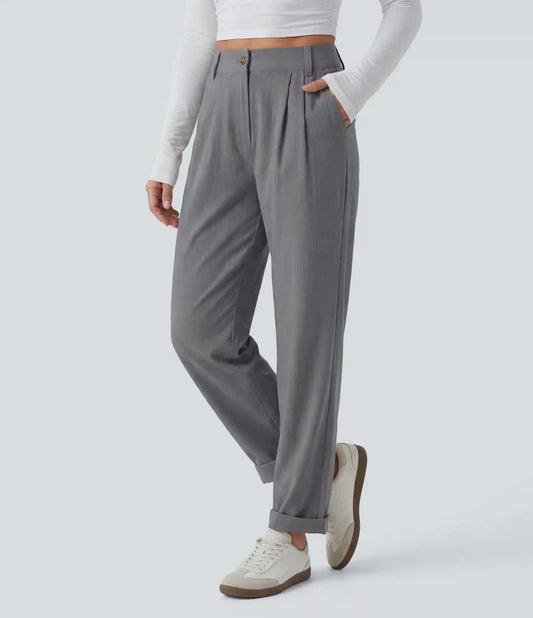 Mid Rise Casual Linen-Feel Pants with Pockets