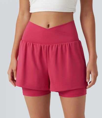 SoftlyZero™ Airy High Waisted Crossover 2-in-1 InstantCool Yoga Shorts 5'' with Pockets