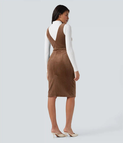 V-neck Sleeveless Fleece Corduroy Casual Pinafore Dress