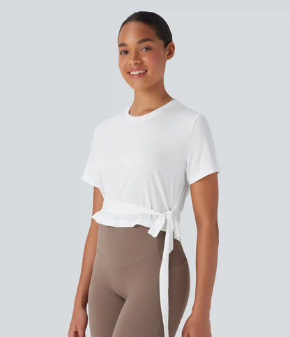 Round Neck Short Sleeve Tie Side Yoga Sports Top