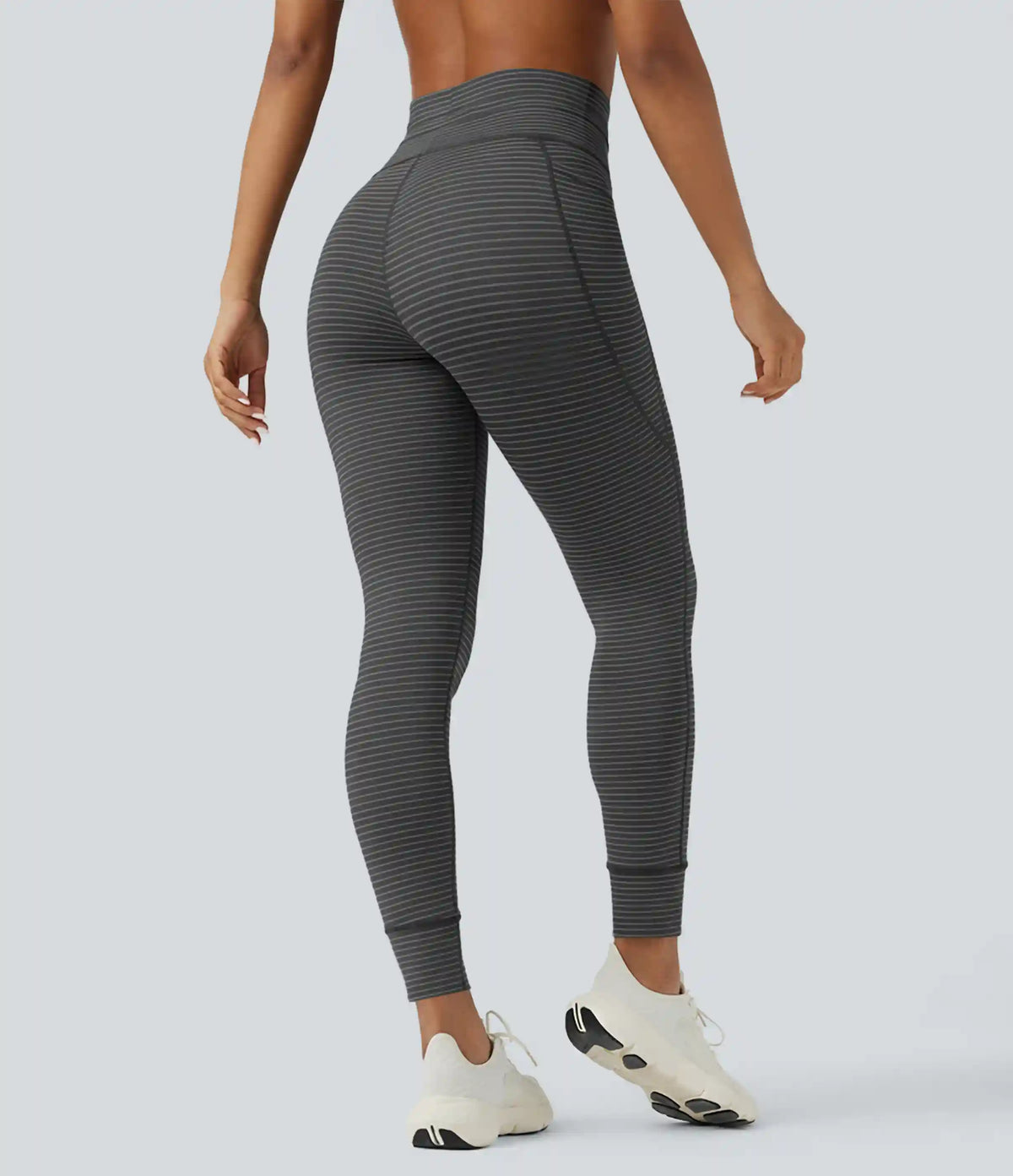 High Waisted Drawstring Striped Yoga Leggings with Pockets