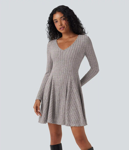 Ribbed Knit V Neck Long Sleeve Flare Mini Casual Dress