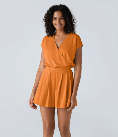 V Neck Short Sleeve Pocket Waffle Casual Romper
