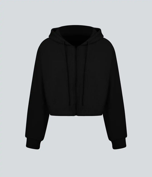 Waffle Hooded Drawstring Zipper Cropped Casual Cotton Sports Sweatshirt