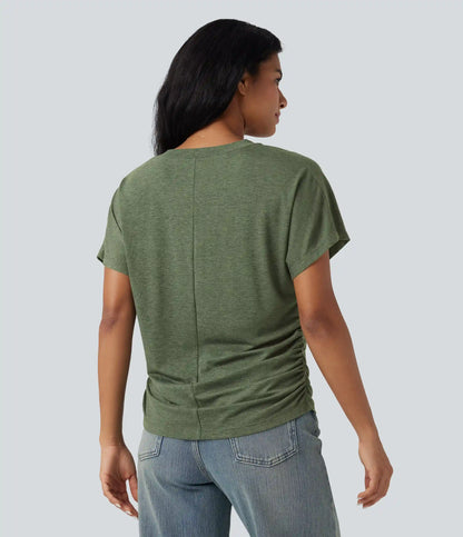 V-neck Short Sleeve Ruched Relaxed Casual Top