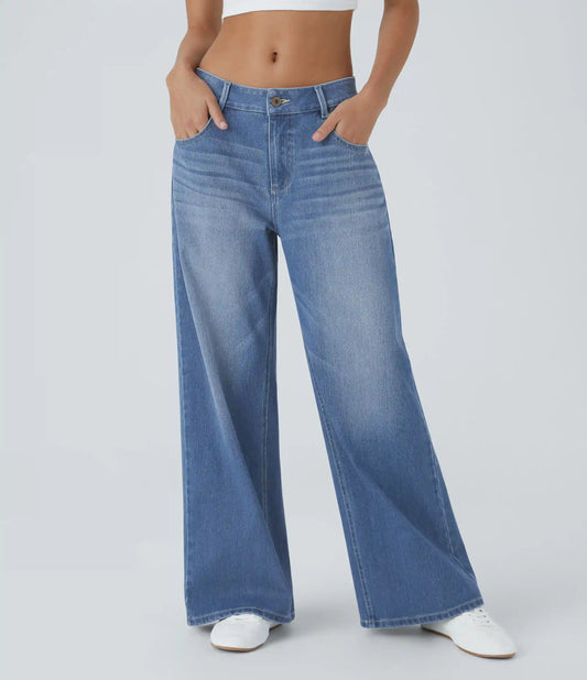 Halara Flex™ Low Rise Zipper Pockets Washed Baggy Wide Leg Casual Jeans