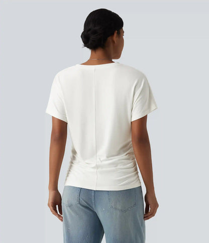 V-neck Short Sleeve Ruched Plain Casual T-Shirt